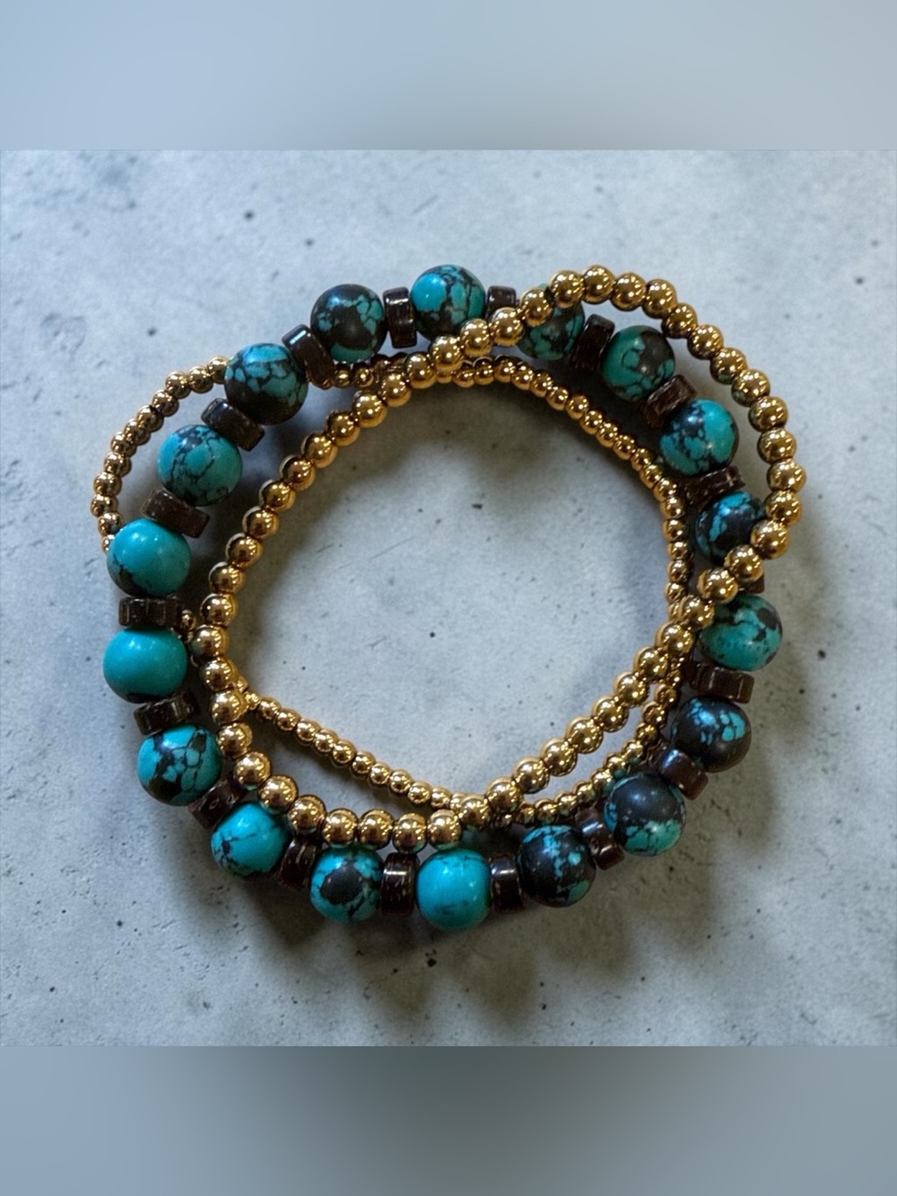 Chinese Turquoise & Plunder Gold Bead Stretch Bracelet Set